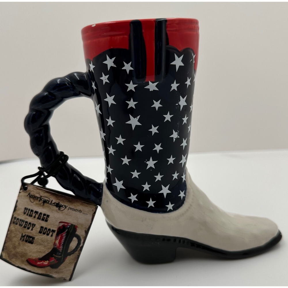 American Legacy Patriotic Cowboy Boot Mug Stars and Stripes Ceramic *SEE